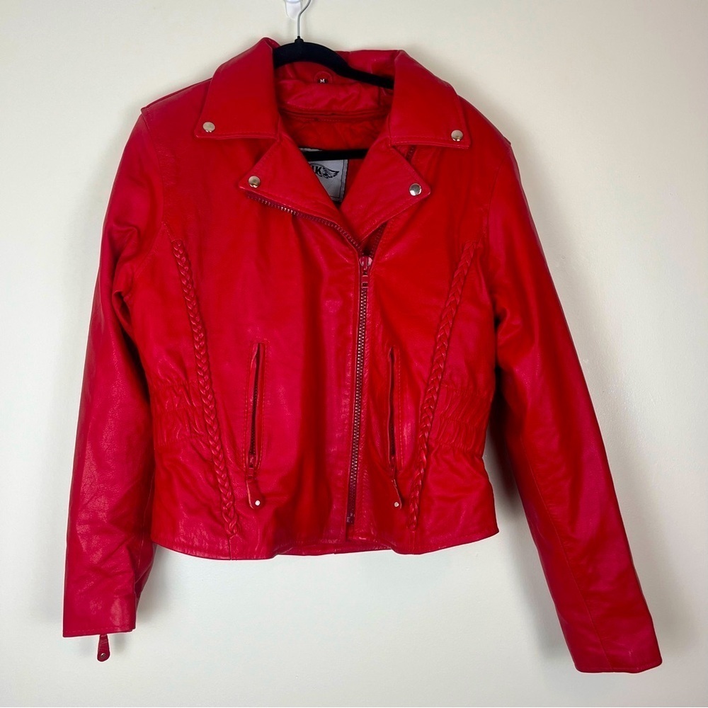 UNIK Red Leather Cropped Moto Motorcycle Jacket Medium
